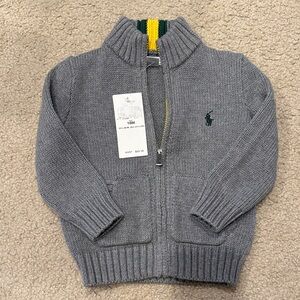 NWT Ralph Lauren Gray Knit Zip-Up Sweater with Green Logo